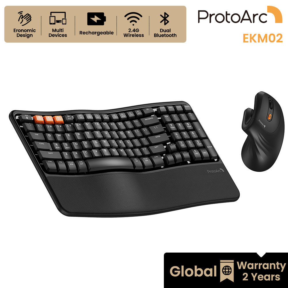 ProtoArc EKM02 เซ็ตคีย์บอร์ด Wave Keys + เมาส์แนวตั้ง EM11 NL Bluetooth พร้อมที่รองข้อมือ ชาร์จได้ สีดำ รับประกัน 2 ปี