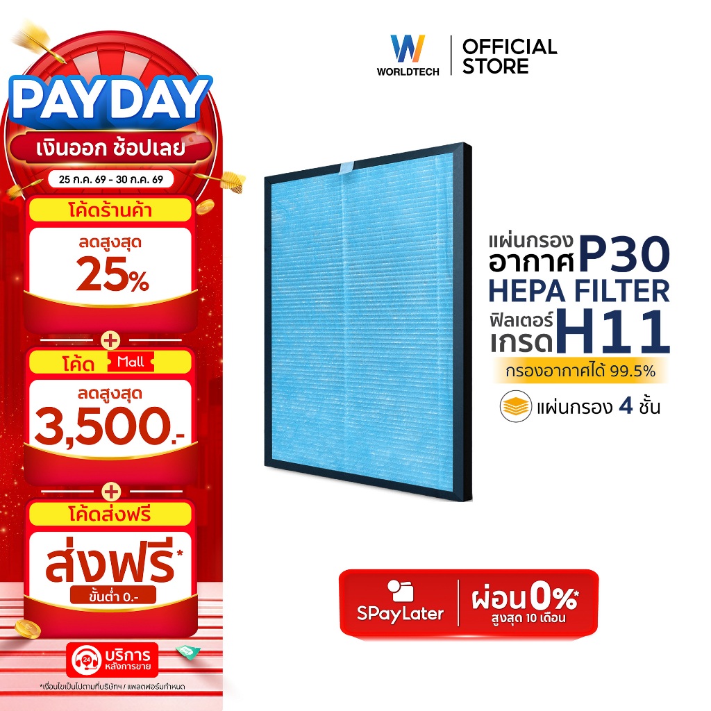 Worldtech ไส้กรอง เครื่องฟอกอากาศ รุ่น WT-P30-Filter ตัวกรอง HEPA11 กรองฝุ่น กลิ่น ควัน PM 2.5