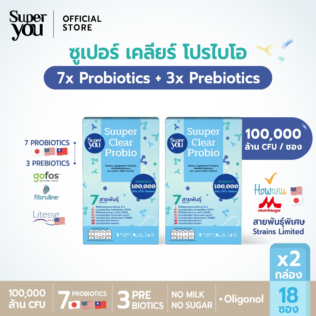 [x2 กล่อง] ซูเปอร์ เคลียร์ โปรไบโอ (Suuper Clear Probio) โปรไบโอติกส์+พรีไบโอติกส์ (Probiotics+Prebiotics) - Super You