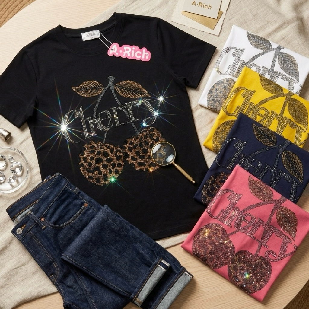 เสื้อยืดรีดเพชรลายเชอร์รี่เสือ ผ้ายูนิโคล่ หนานุ่ม เด้ง