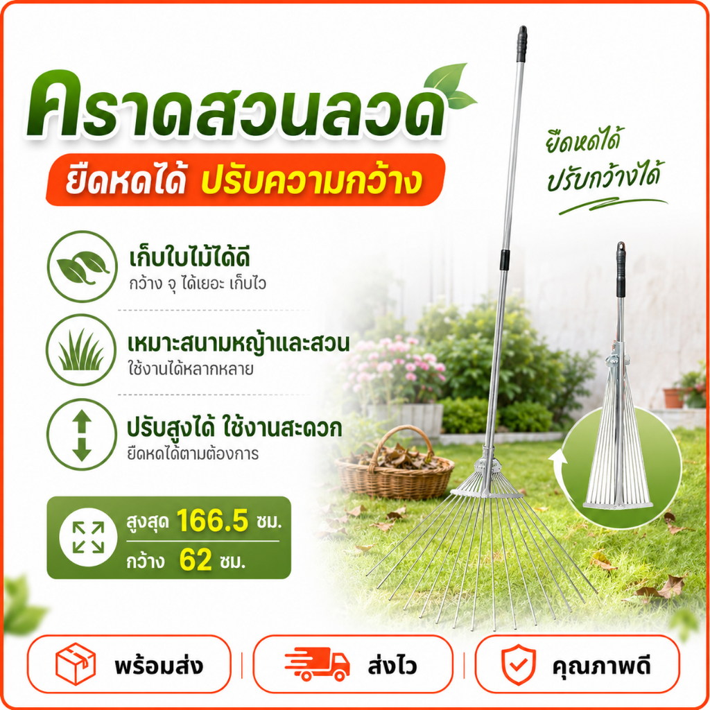 คราดหญ้า คราดถากหญ้า15ฟัน คราดเหล็ก ปรับระดับ 76-166.5cm  คราดเหล็ก ปรับระดับ พร้อมด้าม ผลิตจากสเตนเลสสตีลคุณภาพสูง