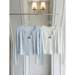 Honey Comb Cardigan เซทเสื้อคาร์ดิแกน+เสื้อสายเดี่ยวแต่งคอลูกไม้ลายโบว์จิ๋วน่ารัก Miladi
