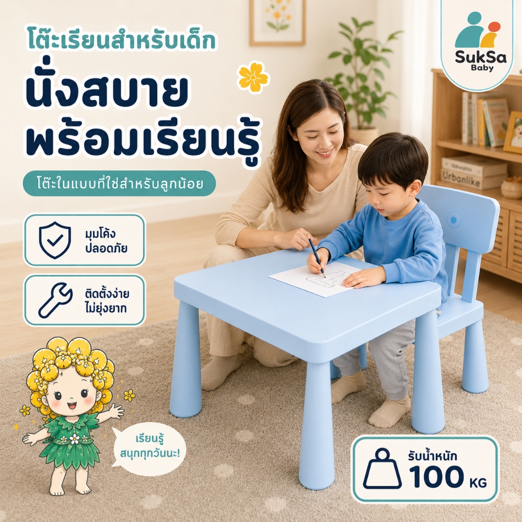 โต๊ะเขียนหนังสือเด็ก โต๊ะเด็ก IKEA โรงงานเดียวกัน โต๊ะหนังสือเด็ก โต๊ะ1 เก้าอี้ + 2 เก้าอี้ 2-6 ปี