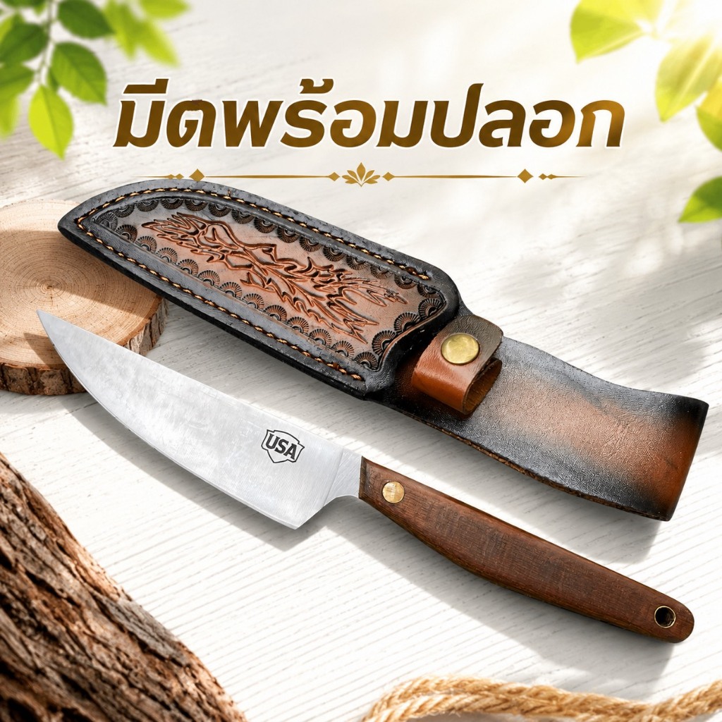 มีดพก มีดแล่พร้อมซอง สันหนา4มิล ด้ามไม้จับถนัดมือ พกพาสะดวกD/07