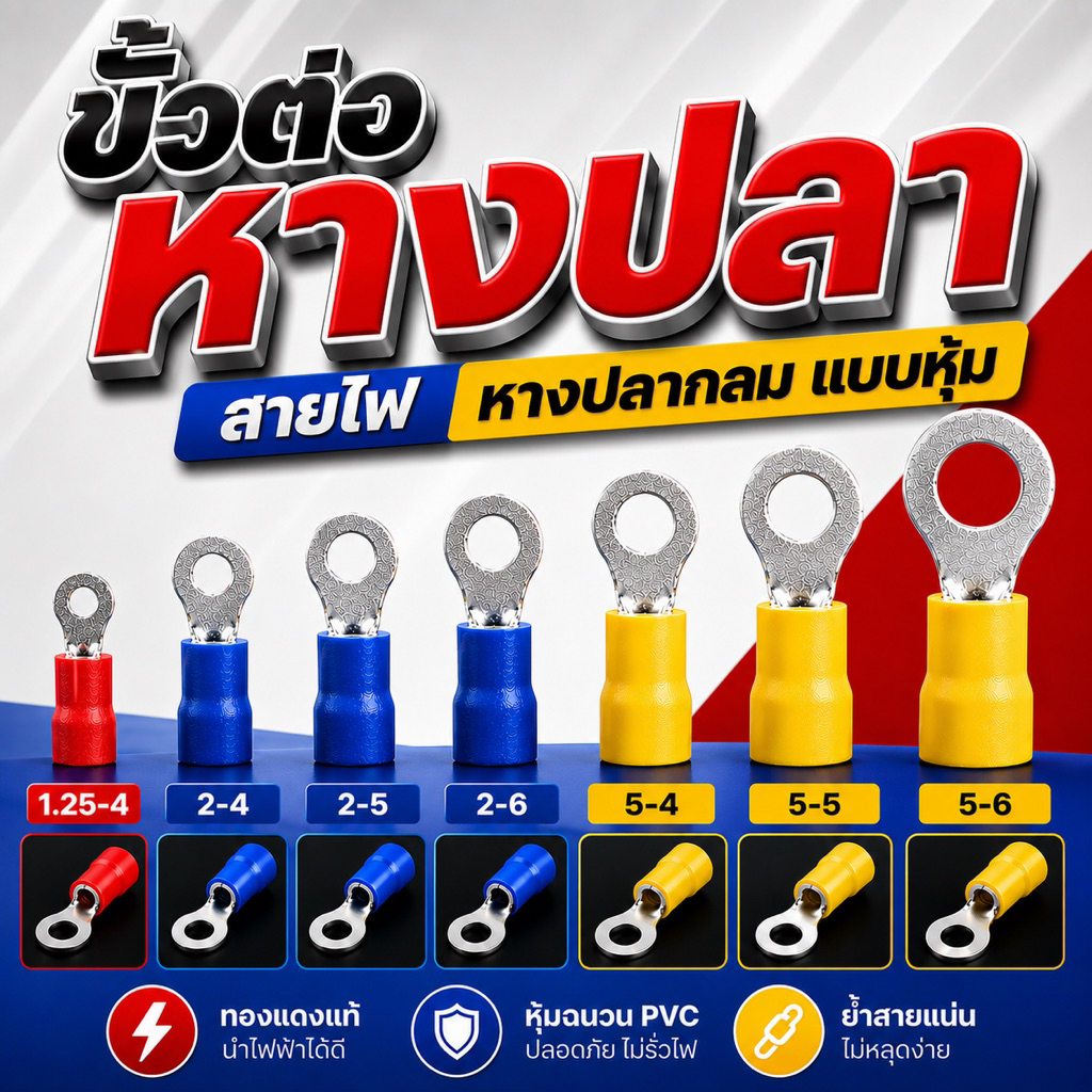 หางปลากลม แบบหุ้ม PVC สำหรับสายไฟ 1.25–6 Sqmm ครบทุกขนาด เกรดอุตสาหกรรม มาตรฐาน