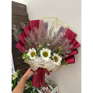 ช่อดอกไม้ดอกทานตะวันสีขาว ใส่ธนบัตร 20ใบทรงกรวย พร้อมโบว์สีแดงและขาวสวยงาม