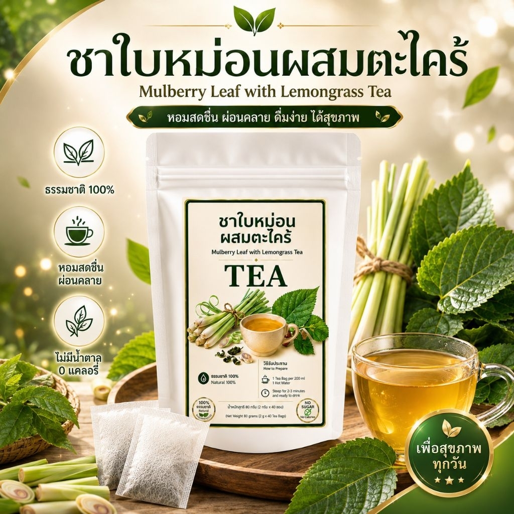 ชาใบหม่อนผสมตะไคร้ 12 และ40ซองชา ได้ร้อนและเย็น ธรรมชาติแท้ 100% สินค้าออร์แกนิก ชาสมุนไพรสูตรธรรมชาติ คัดสรรวัตถุดิบคุ