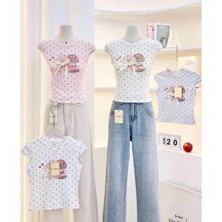 G-Rose 🌹new เสื้อคอกลมแขนสั้นสกีนลายน้องหมาดีเทลแขนเว้านิดๆผ้ายืดลายจุดPolkadot