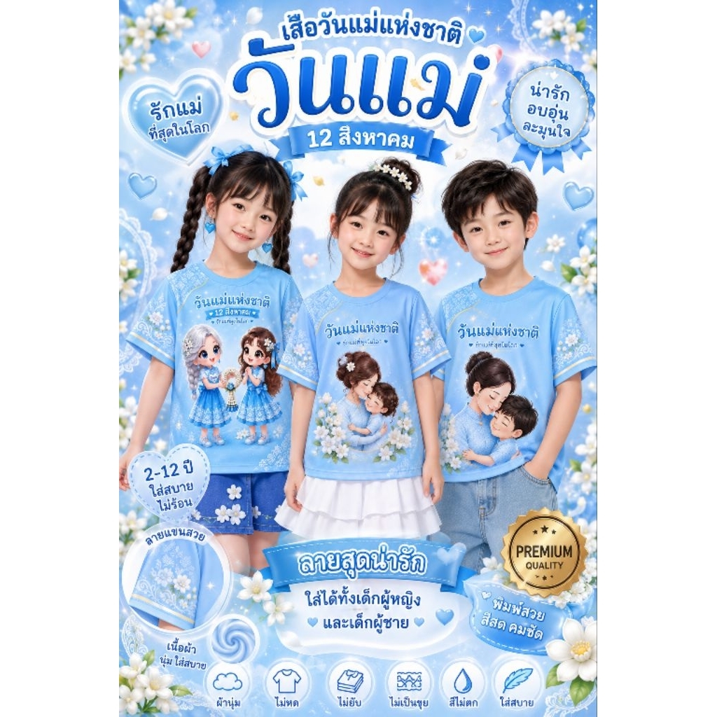 วันแม่!! เสื้อยืดเด็กพิมพ์ลาย2026สำหรับเด็ก2-12ปีงายไทยเกรดเอลูกสาวลูกชายใส่ได้