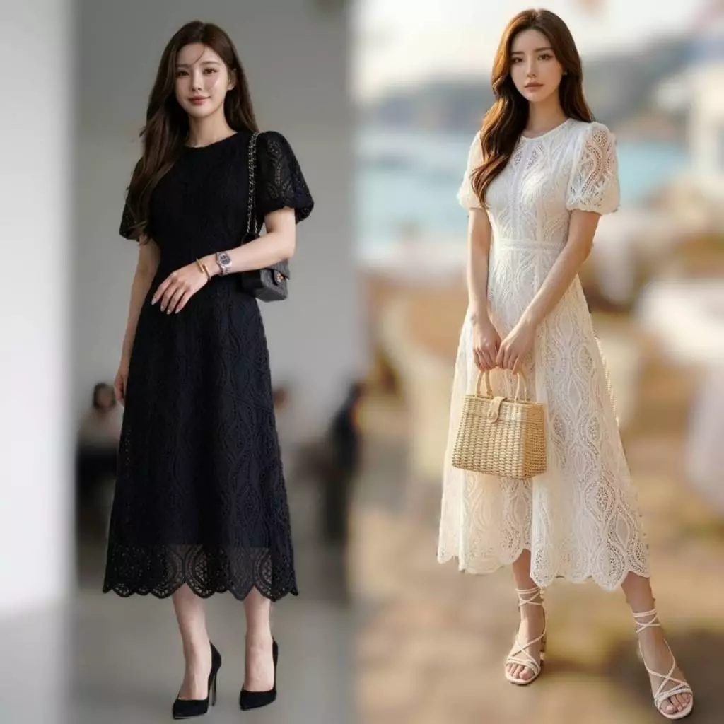 เดรสขาว เดรสดำ ผ้าลูกไม้เนื้อนิ่ม แขนบอลลูนเล็กๆ ช่วงตัวแต่งด้วยลูกไม้สวยงาม OR21935