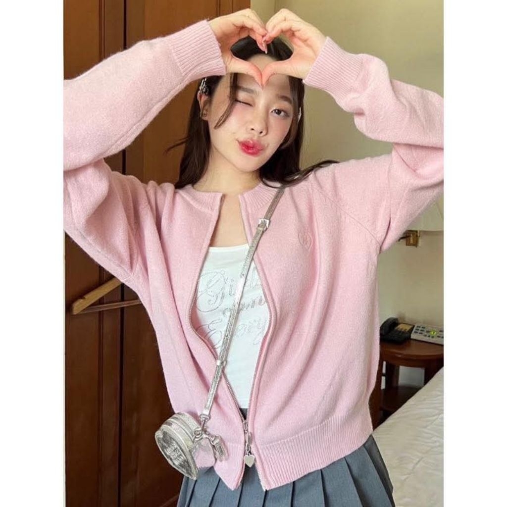 ♡Cintage♡fluffy cardigan สีชมพู🩷 มือ2