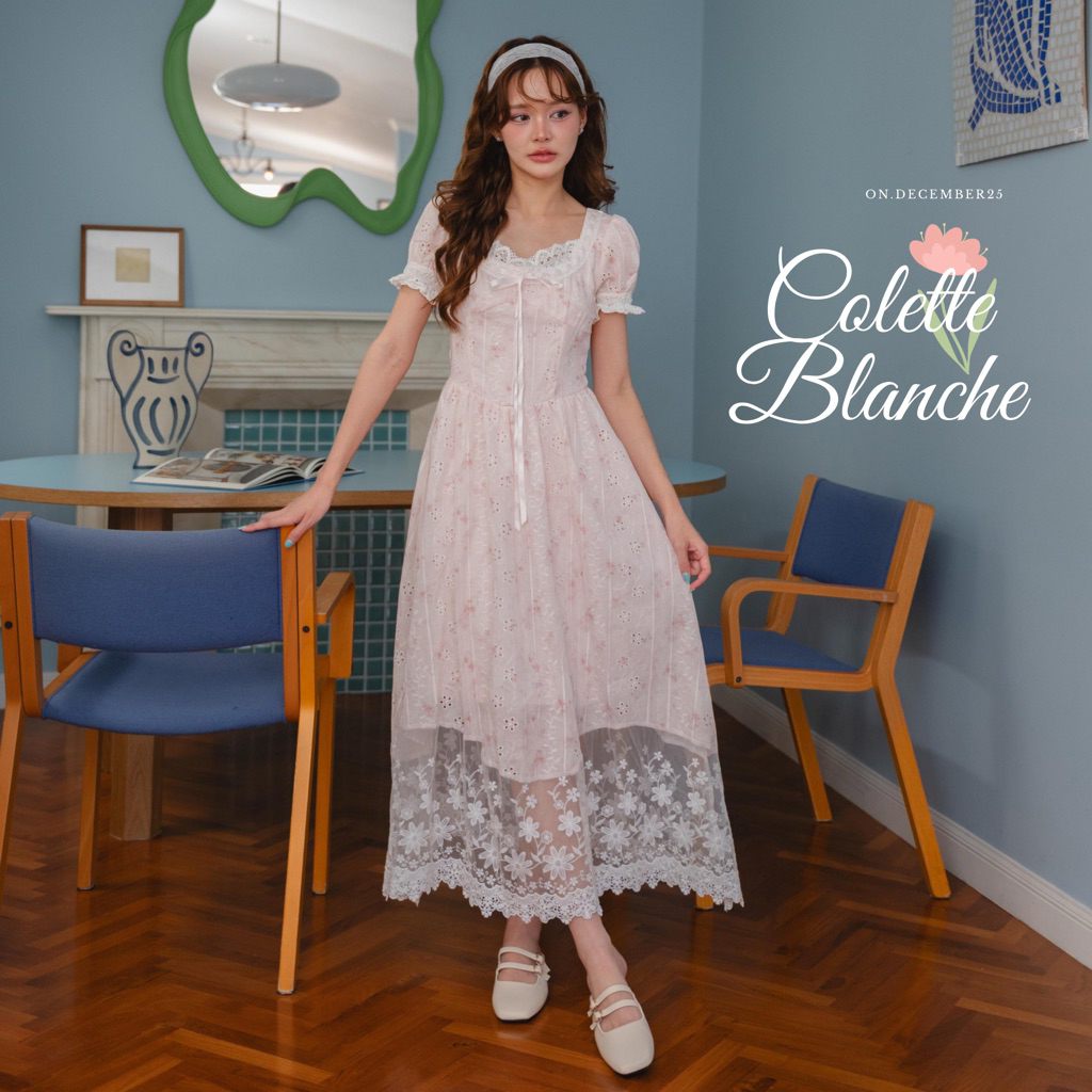 on.december25 เดรส Colette blanche ผ้าฉลุชมพูพาสเทล