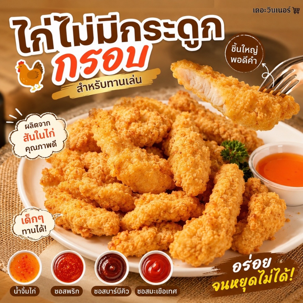 ไก่ไม่มีกระดูก ขนาด 1 กิโลกรัม ผลิตจากสันในไก่อนามัย ชิ้นใหญ่พอดี เต็มคำ ทอดง่าย กรอบนอกนุ่มใน อร่อยทุกคำ