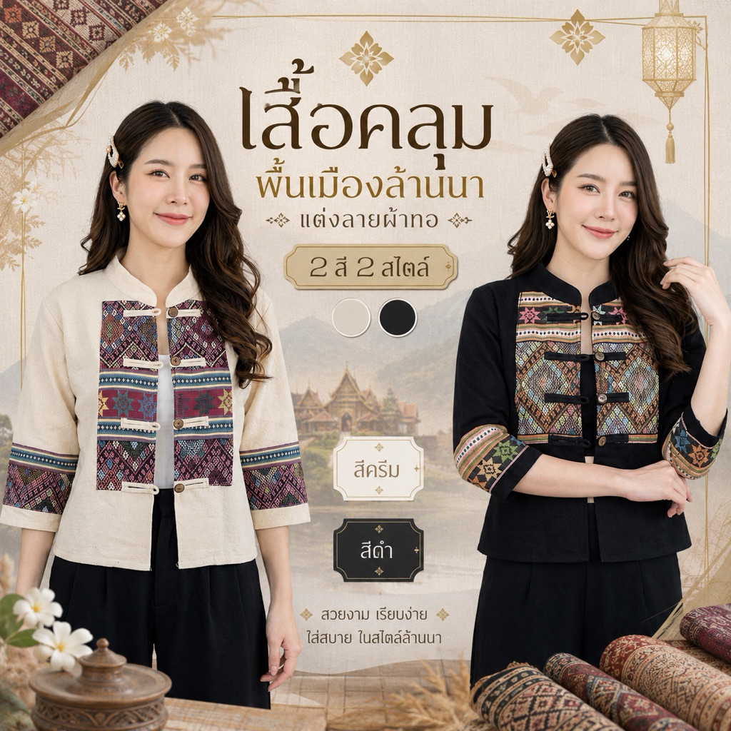เสื้อคลุมผ้าฝ้ายผู้หญิง คอจีน แต่งลายผ้าทอพื้นเมือง กระดุมกละ แกะง่ายใช้งานสะดวก เนื้อผ้าฝ้ายซักนิ่ม ผ้านิ่ม ใส่สบาย