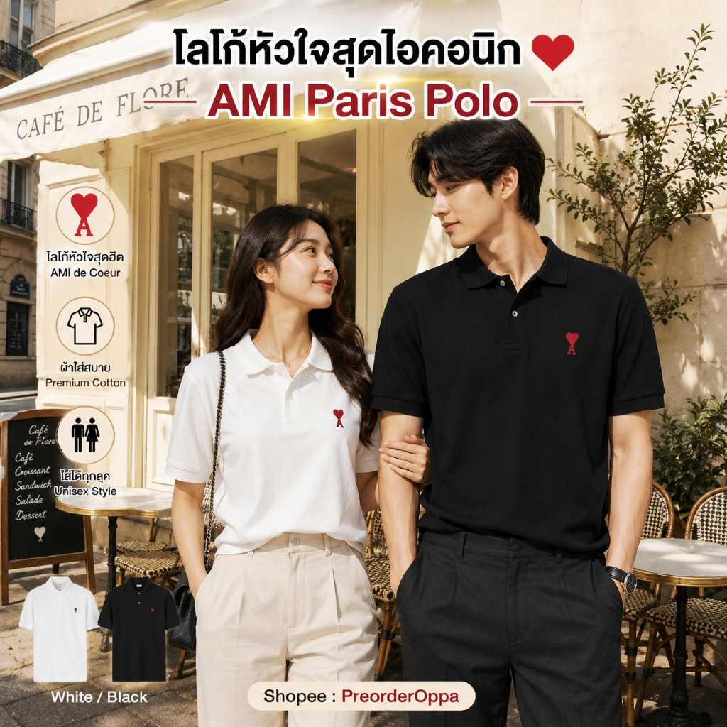 เสื้อยืด AMI PARIS de Coeur Polo Shirt/t-shirt Black เสื้อโปโลสีดำสุดคลาสสิก ลายหัวใจแดงซิกเนเจอร์จากปารีส