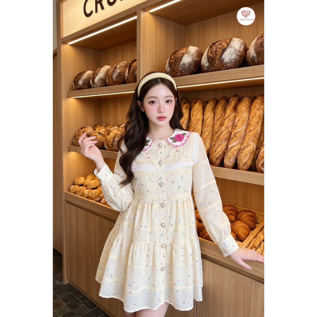 (มี3XL) Maria Diamond เหลืองครีม Butter Lover Dress เดรสทรงปล่อยกระดุมหน้า ผ้าคอตตอนแขนยาวปลายแขนมีกระดุม ปักปก มีซับใน