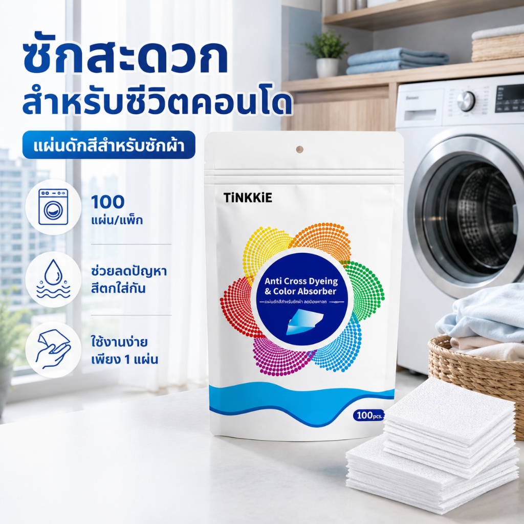 แผ่นดักสีซักผ้า สำหรับซักผ้าทั้งครอบครัว ดูดซับสีส่วนเกิน ซักผ้าหลากสีได้ง่าย 100 แผ่น