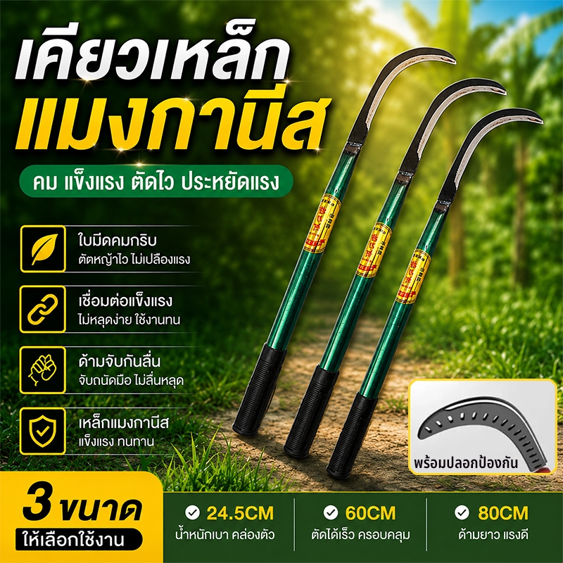 เคียว มีดขอด้ามยาว 60/80cm เคียวแมงกานีส พร้าถางป่า เคียวเกี่ยวข้าว เคียวเกี่ยวหญ้า คมแข็งแรง ทนทาน