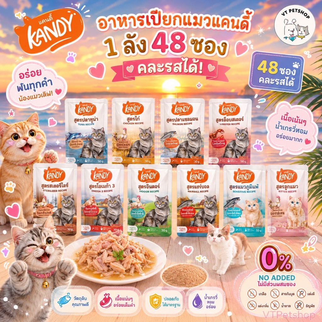 (48 ซอง) Kandy อาหารเปียกแมว สำหรับลูกแมว และแมวโต ตั้งแต่ 2 เดือนขึ้นไป ไม่ใส่เกลือ ขนาด 70 กรัม Ka