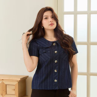 Glucoat | [A869] เสื้อยีนส์คอบัวแขนสั้น กระเป๋าโบว์หน้า กระดุมหน้าใช้งานได้จริง