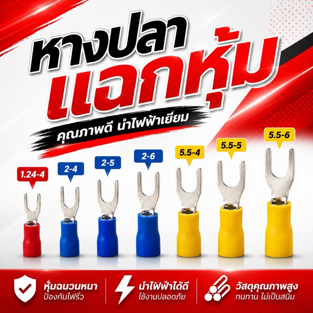 หางปลาแฉกหุ้ม ขั้วต่อสายไฟ ทุกขนาด Fork Terminal Insulated Spade Terminal