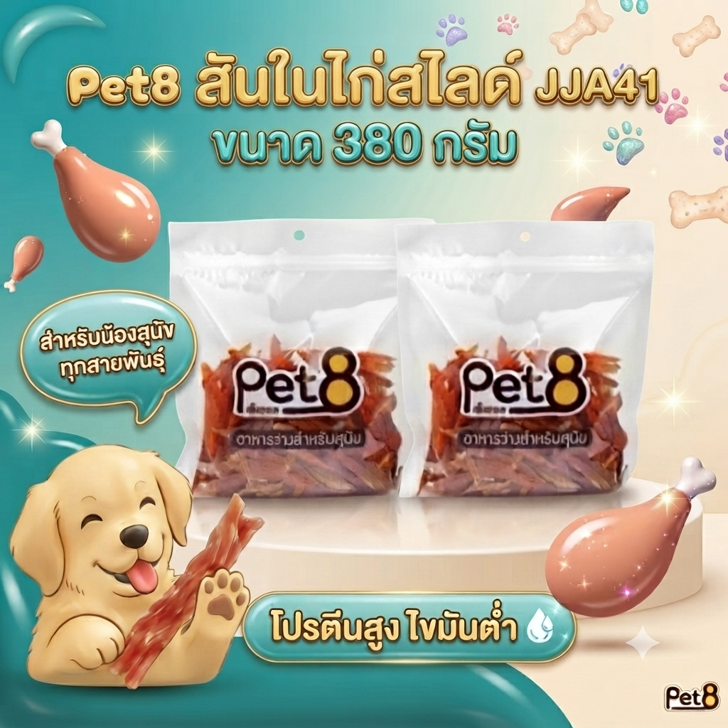 PET8 สันในไก่สไลด์ 380gx2 ห่อ ผลิตจากวัตถุดิบธรรมชาติ ให้สัตว์เลี้ยงคุณเพลิดเพลิน อร่อย ซื้อคู่ คุ้มค่า