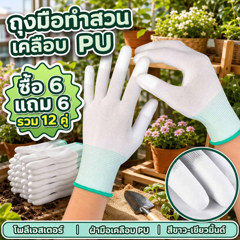 ทั้งหมด 12 คู่ ถุงมือโพลีเอสเตอร์เคลือบ PU ถุงมือทําสวน (ซื้อ 6 แถม 6) ราคาไม่แพง คุณภาพดี ระบายอากาศ กันลื่น