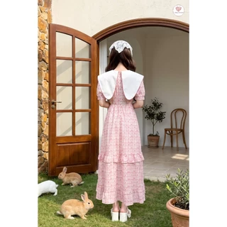 (มี3XL) Maria Diamond สีชมพู Peter Pink Dress เดรสยาวปกกะลาสีงานปักกระต่าย ผ้าชีฟอง Texture สก็อต ซิปหลัง มีซับใน