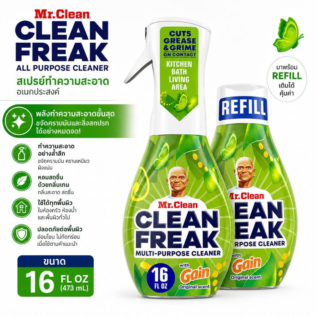 Mr. Clean Clean Freak All Purpose Cleaner สเปรย์ขจัดคราบอเนกประสงค์ ขจัดคราบมันและสิ่งสกปรก