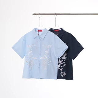 Lawyer Store| [927976] เสื้อคอปก แขนสั้น ปักลายดอกไม้ ด้านหลังปัก SLW แขนสั้น เนื้อผ้าออฟฟอร์ดไม่ยืด เสื้อแขนสั้น