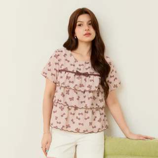 Glucoat | [A322/A867] เสื้อพิมพ์ลายโบว์สีชมพู/สีน้ำตาล คอกลม แต่งโบว์กลางอก ระบายสองชั้น ซิปหลังยาว