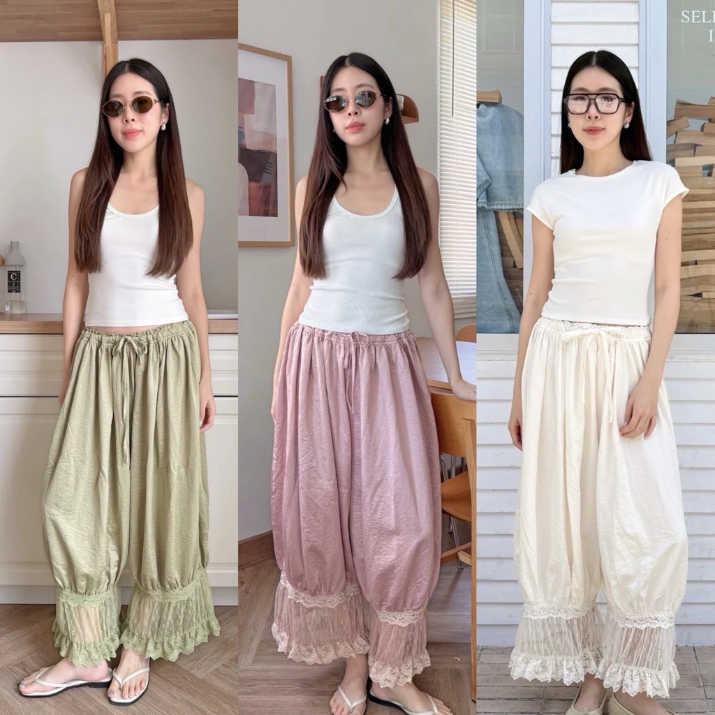 Harem Bohemian x lace pant” กางเกงฮาเรมสไตล์โบฮีเมี่ยน ขากระบอกใหญ่ เอวยางยืดมีเชือกรูด