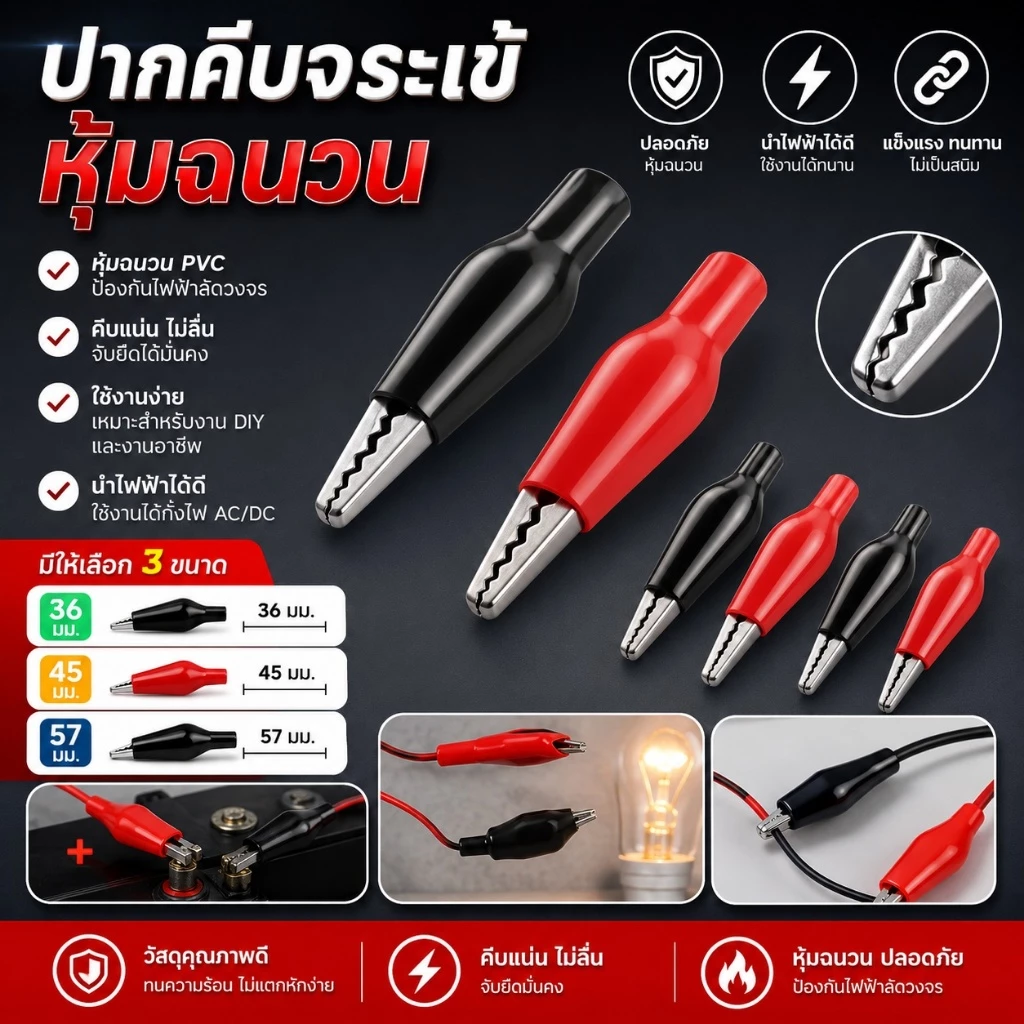 [1 คู่ *ดำ-แดง ] ปากคีบ ปากคีบหุ้มยาง ปากคีบจระเข้ ปากคีบแบตเตอรี่ ปากคีบขั้วแบต Alligator Clip