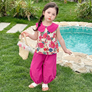 PRINCESS KESLI 1-9 ปี ชุดเด็กหญิงแฟชั่น 2ชิ้น เสื้อ+กางเกง คอตุ๊กตา แฟชั่นเด็ก ฤดูร้อน เสื้อกั๊ก เสื้อแขนกุด เด็กผู้หญิง