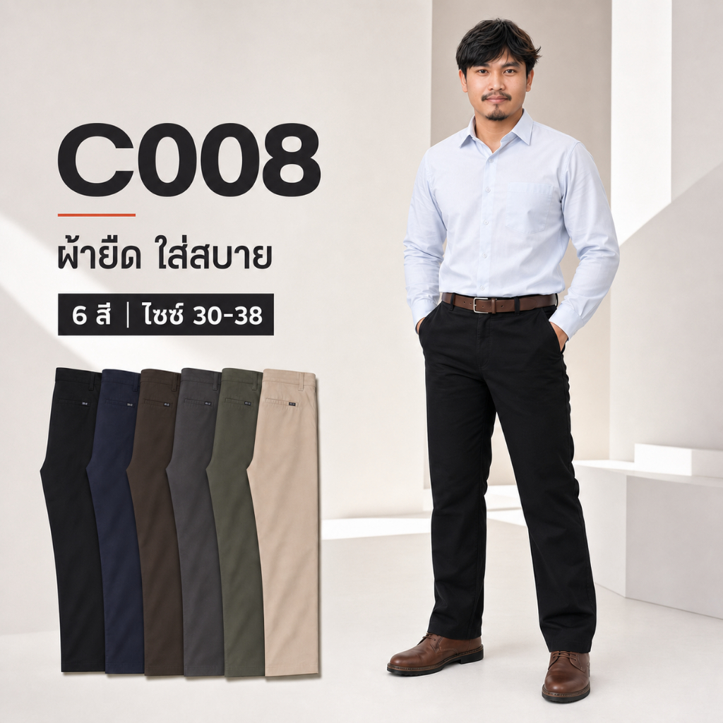 กางเกงขายาวผู้ชายผ้า Spandex รุ่น C008 ยืดหยุ่น ใส่ทำงาน 6 สี ไซซ์ 30-38