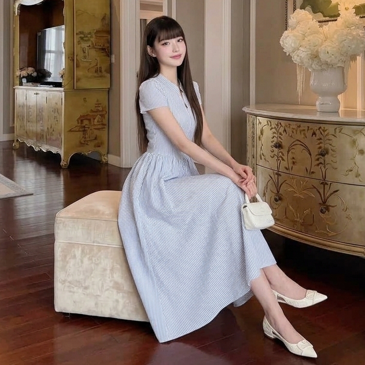 G219 เดรสยาวลายริ้ว แขนสั้น เอวเข้ารูป