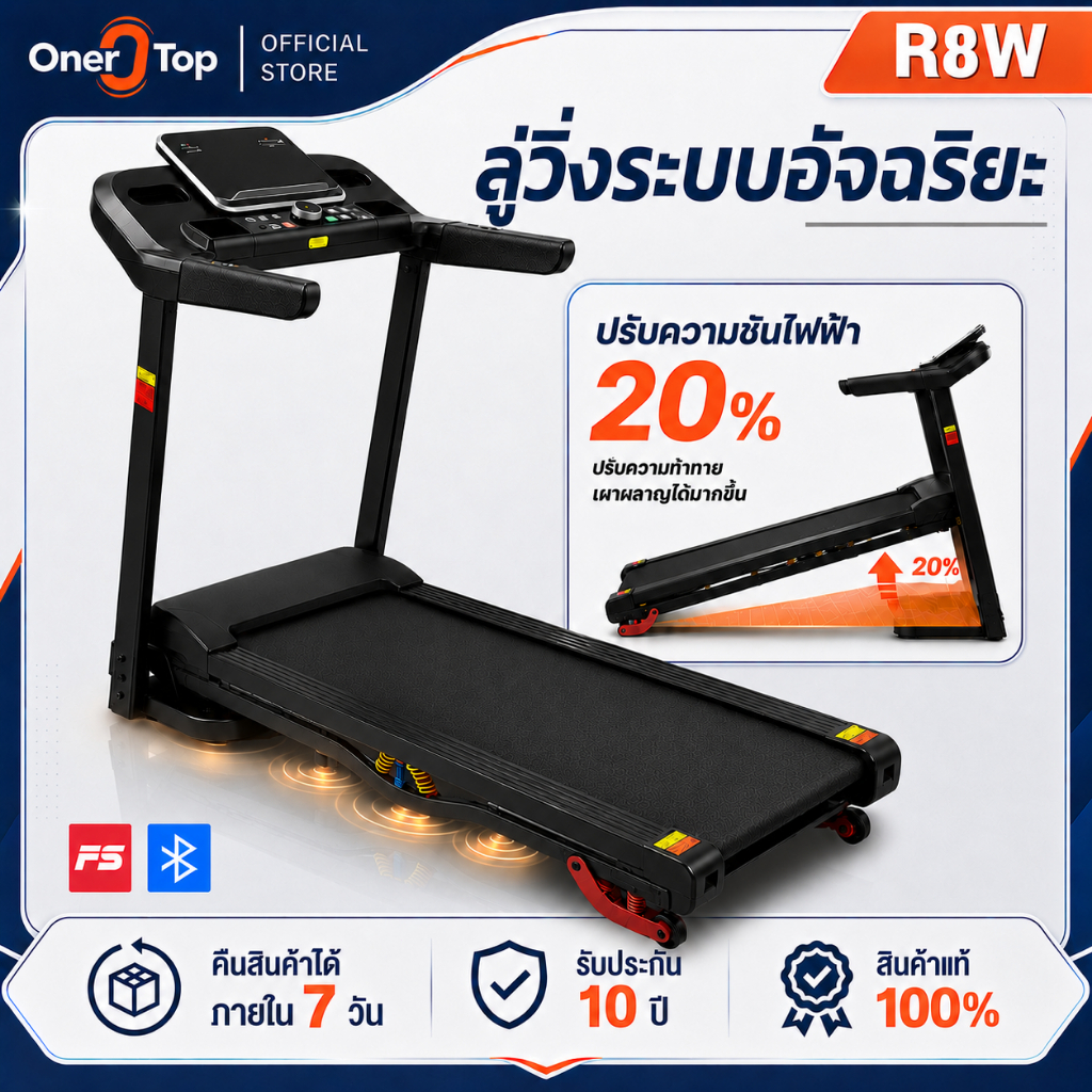 ลู่วิ่งไฟฟ้า ลู่วิ่ง ไฟฟ้า R8W ปรับความชันไฟฟ้า 20 ระดับ ความเร็ว 1-20KM/H จอ LED APP Bluetooth พับเ