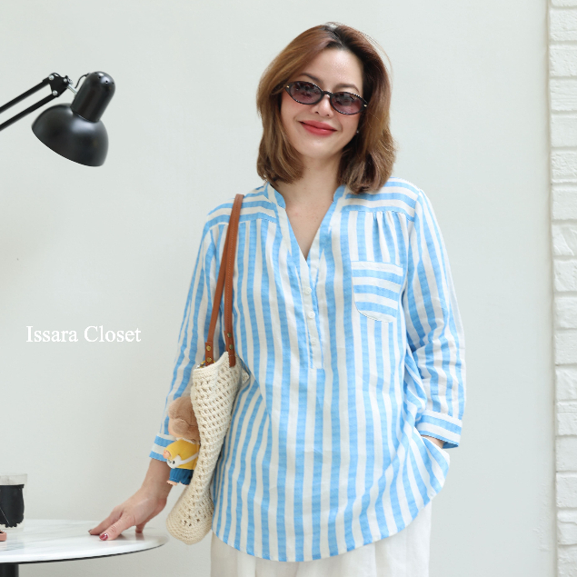 เสื้อลินินรุ่น Long Shirt #ลายทางน้ำเงิน-ขาว