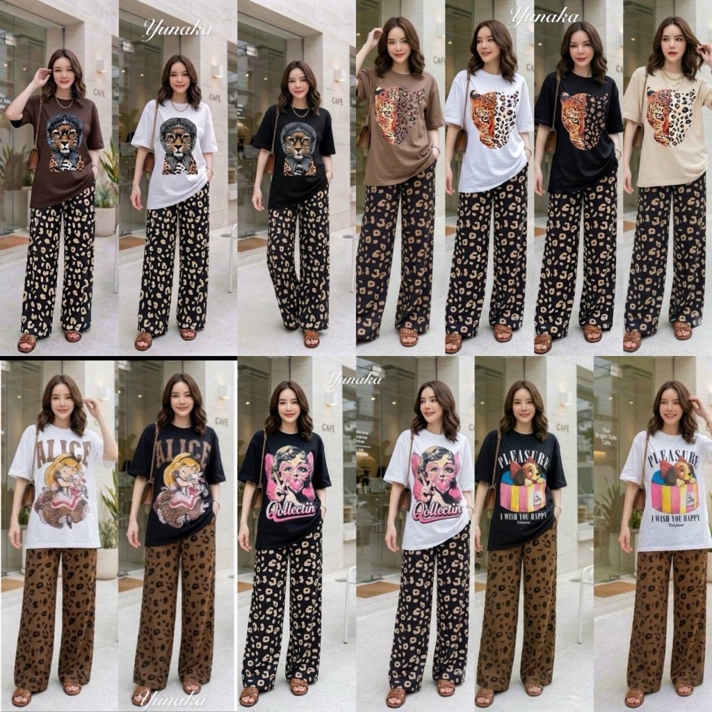เซทเสื้อยืดแขนสั้น ทรง oversize สกรีนหน้าอกกลางเสื้อ มาพร้อมกับกางเกงเอวยางยืด
