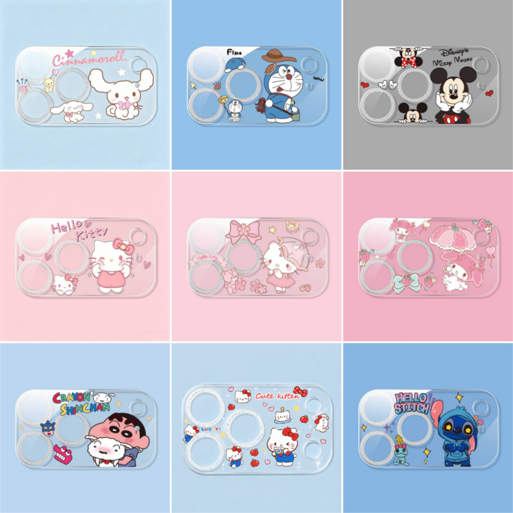 ฟิล์มเลนส์กล้องไอโฟน ลายการ์ตูนน่ารัก ขอบกลิตเตอร์วิ้งๆ ป้องกันรอย กล้องใส สวยหวาน สำหรับ iPhone 15/16/17 Pro Max