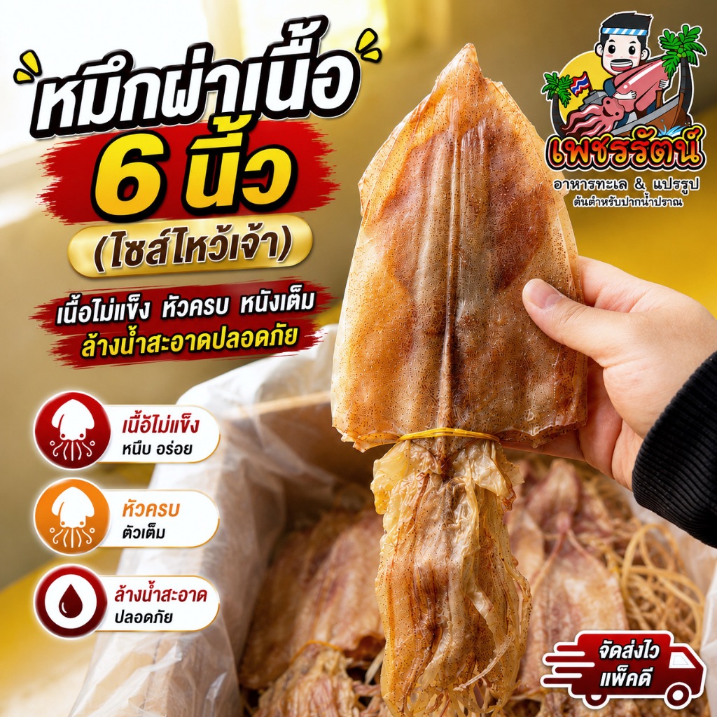 หมึกผ่าเนื้อ 6 นิ้ว ตัวสวย หนังเต็ม เนื้อหวาน หัวครบ จากปากน้ำปราณ