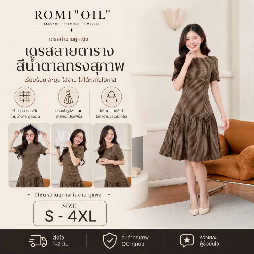 "Romi"Oil" K421 ชุดเดรสสีน้ำตาล (ลายสก็อตแต่งโบว์ที่กระโปรง)
