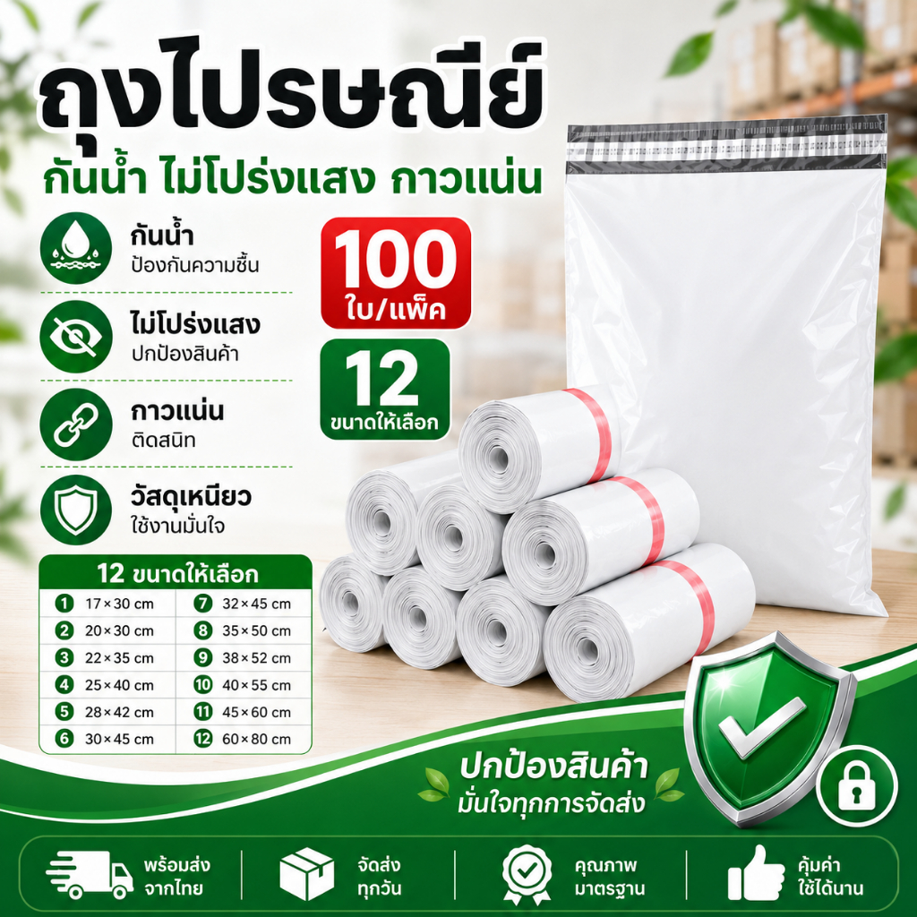 ซองไปรษณีย์พลาสติก 100 ใบ กันน้ำ หลากหลายขนาด ใช้งานง่าย ราคาถูก
