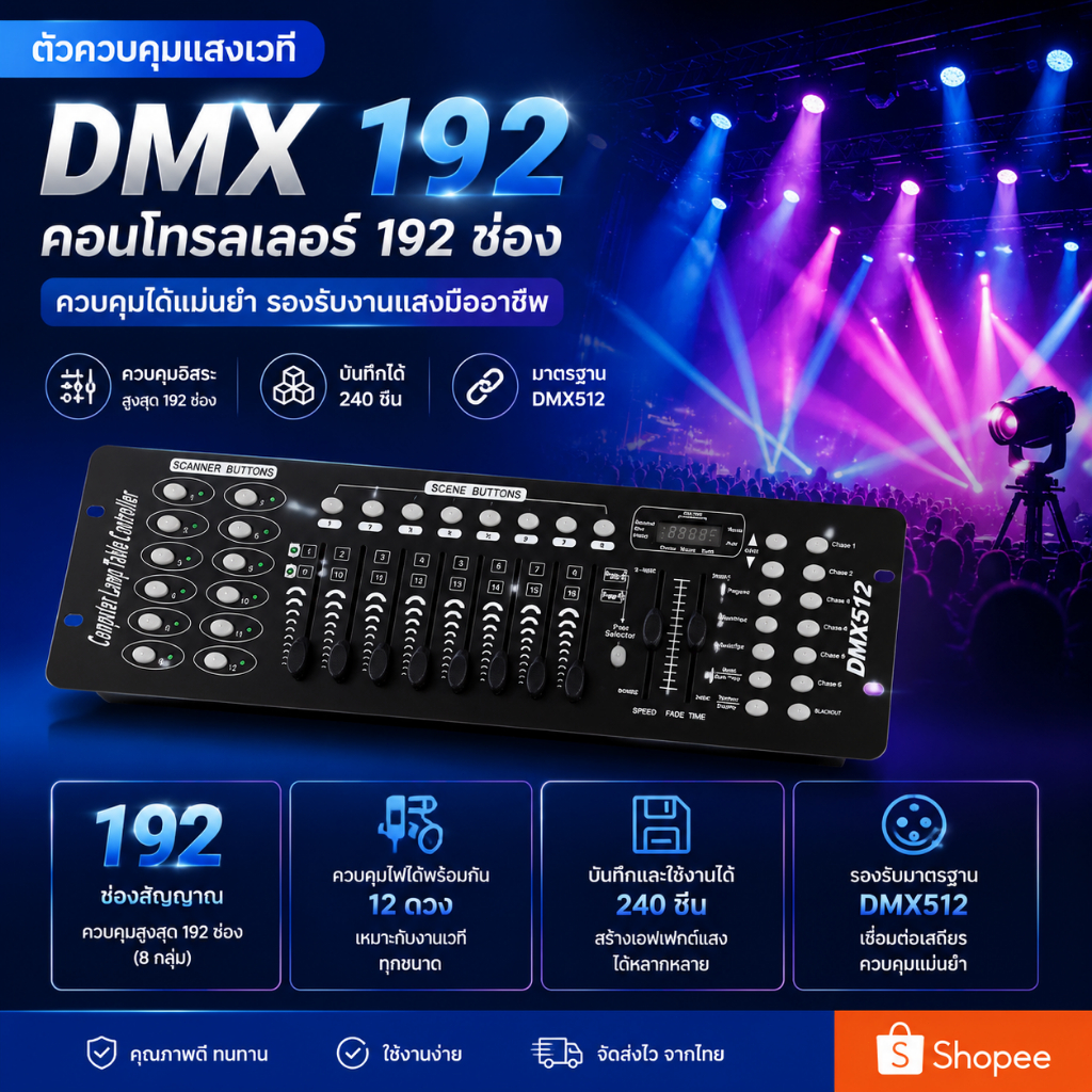 บอร์ดคุมไฟเวที 192 DMX Controller DJ Equipment DMX 512 Console Stage Lighting Controller