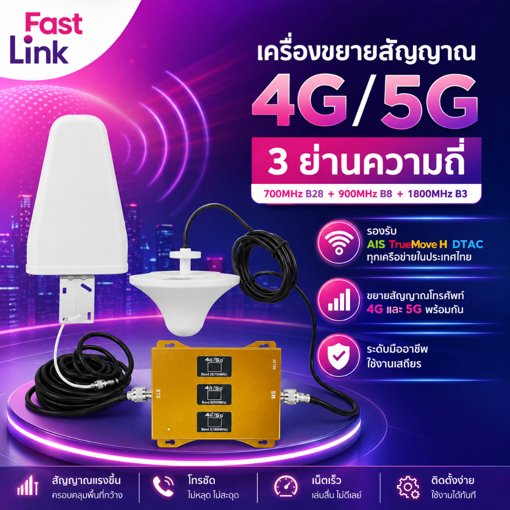 เครื่องขยายสัญญาณมือถือ 4G/5G 3 ย่านความถี่ B28+B8+B3 รองรับ AIS, TrueMove H, dtac ขยายสัญญาณพร้อมกัน สัญญาณแรง ครอบคลุม