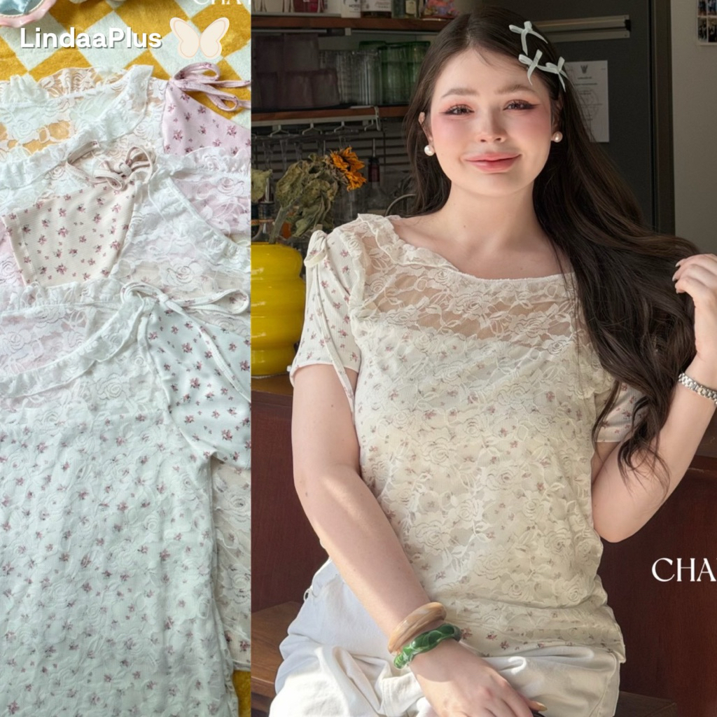LindaaPlus-- เสื้อแขนสั้น“𝑯𝒂𝒏𝒂𝒌𝒐”🌸🍃ดีเทลแต่งเลเยอร์ลูกไม้ด้านใน เนื้อผ้าร่องยืดลายดอกไม้เล็กๆน่ารักสุดๆมีให้เลือก3สีนะคะ