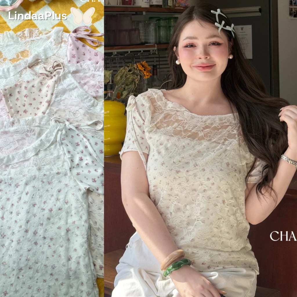 LindaaPlus-- เสื้อแขนสั้น“𝑯𝒂𝒏𝒂𝒌𝒐”🌸🍃ดีเทลแต่งเลเยอร์ลูกไม้ด้านใน เนื้อผ้าร่องยืดลายดอกไม้เล็กๆน่ารักสุดๆมีให้เลือก3สีนะคะ