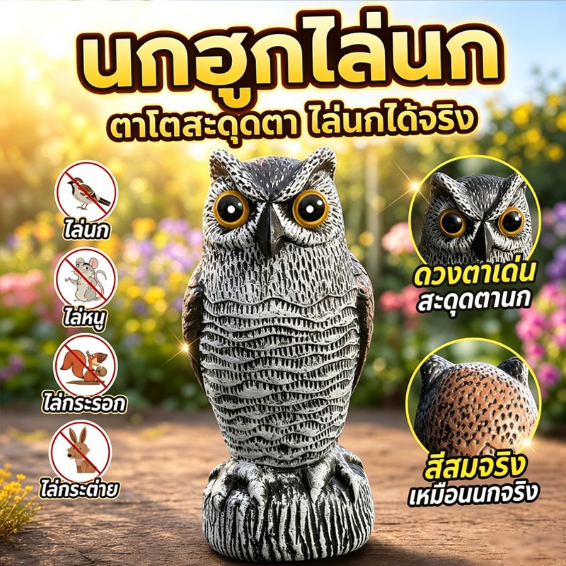 นกฮูกไล่นก นกฮูกปลอม ตกแต่งสวน กันนก ไล่หนู กลางแจ้ง ระเบียง สนามหญ้า เรซินเหมือนจริง