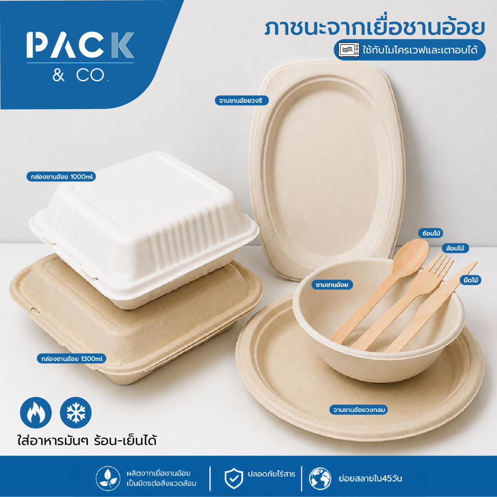 จาน ชาม กล่องอาหารเยื่อชานอ้อย ( แพ็กละ 50ใบ ) ใส่ไมโครเวฟ เตาอบได้