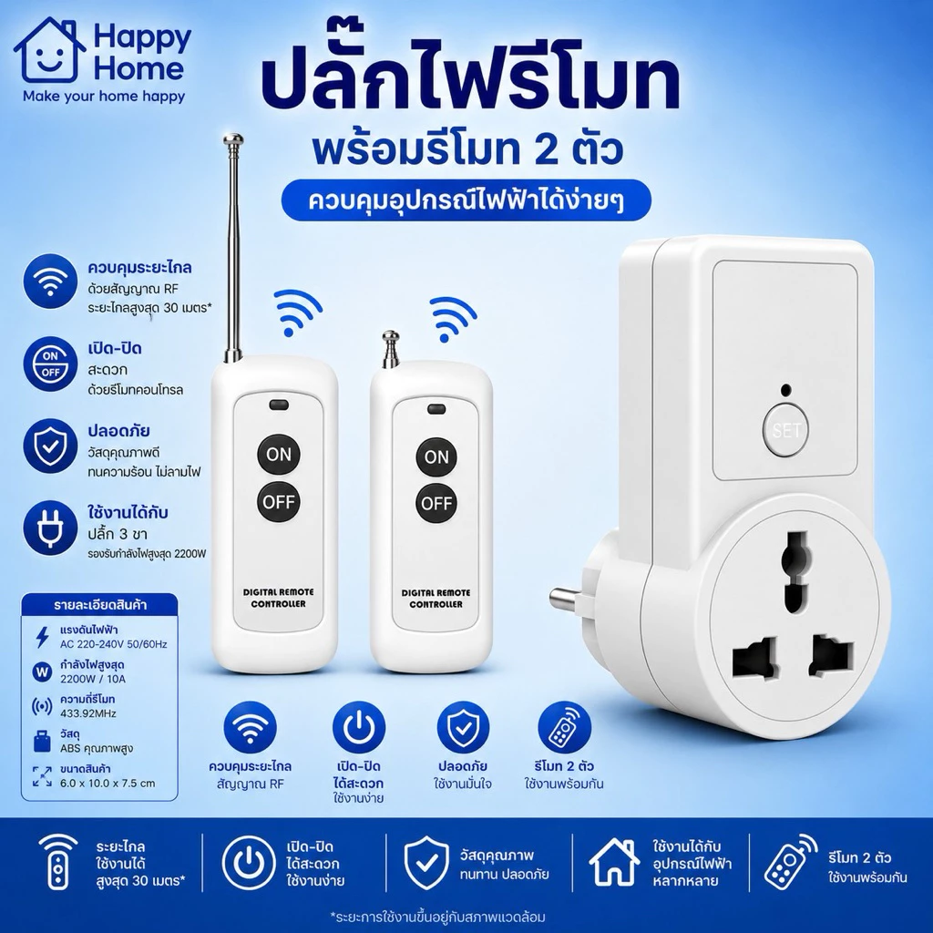 Digital remote control 1 Point พร้อมรีโมท1ตัว/ 2 ตัว/3ตัว ปลั๊กรีโมทไร้สาย แถม​ถ่าน